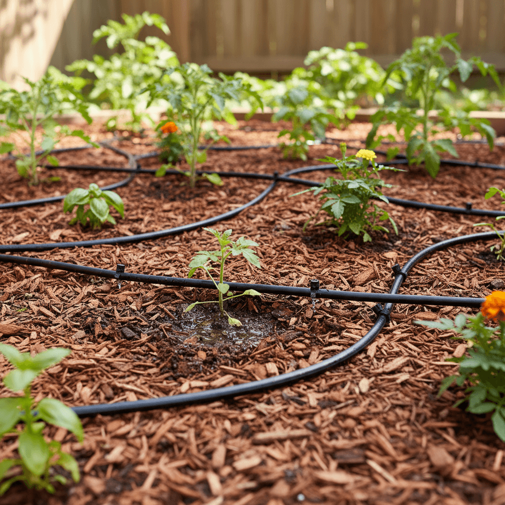 Close-up drip irrigation line among mulch and plants in garden bed