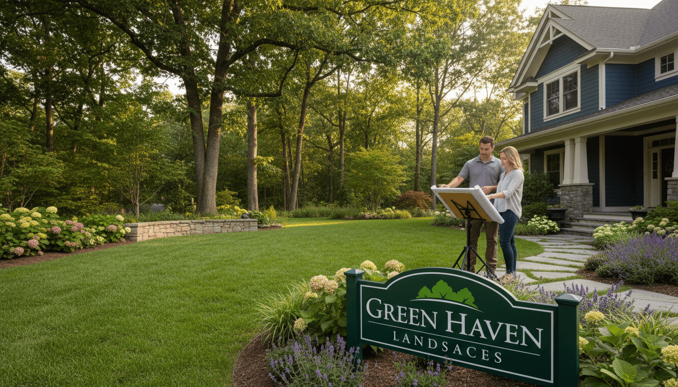 Landscaper and homeowner reviewing plans in a well-maintained yard