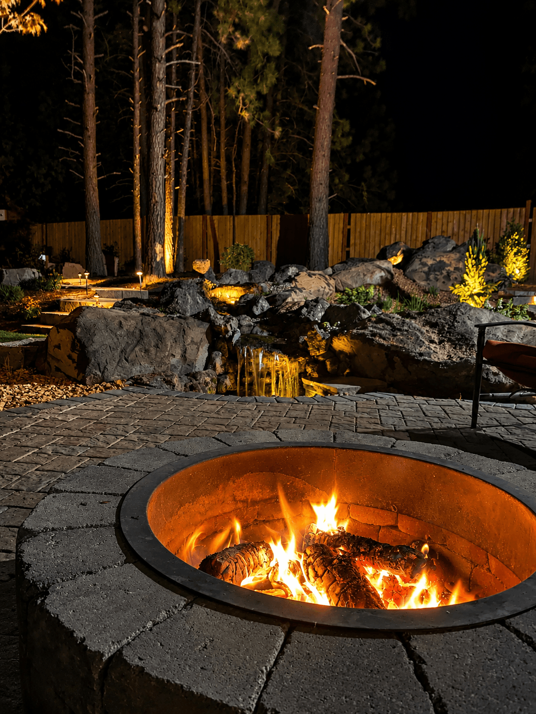 Stone fire pit with bright flames on a patio overlooking an illuminated rock waterfall.