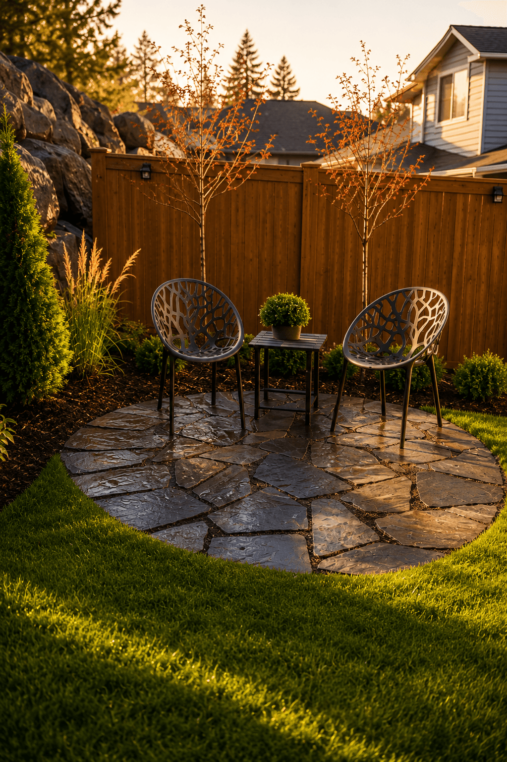 Two modern black cutout chairs on a circular flagstone patio in a sunlit backyard.
