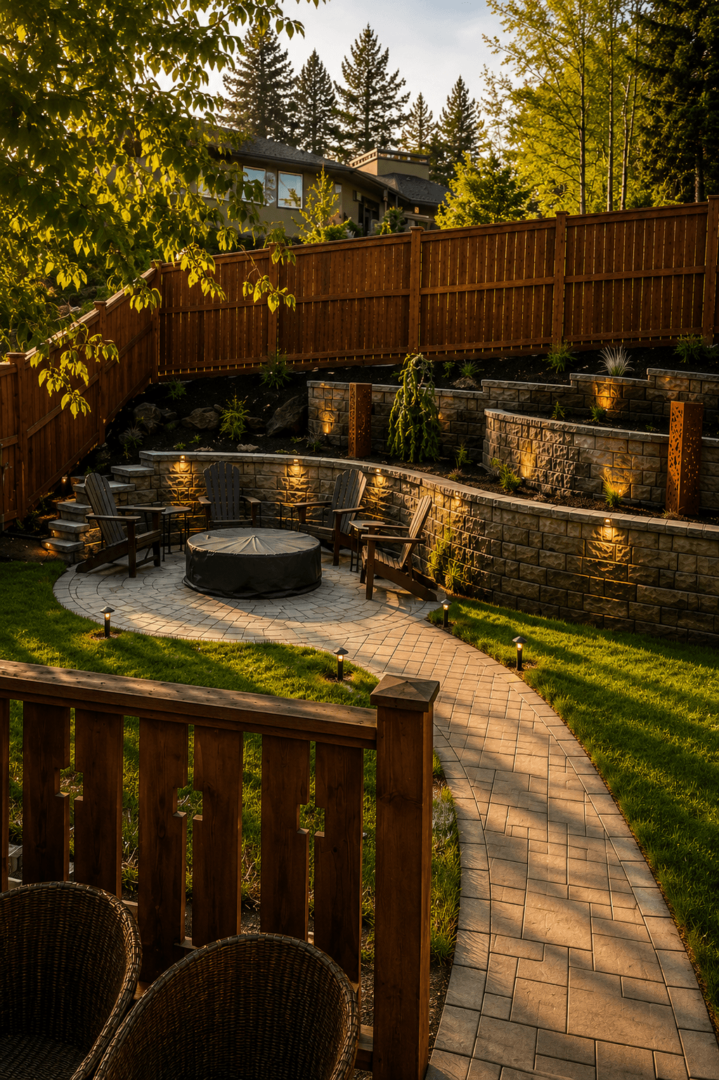 Stone path leading to a patio with a fire pit, Adirondack chairs, and tiered walls.