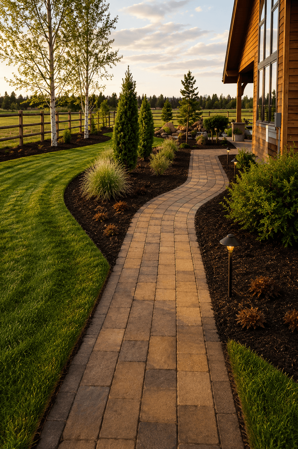 Winding stone path through a lush landscaped garden beside a wooden house at sunset.