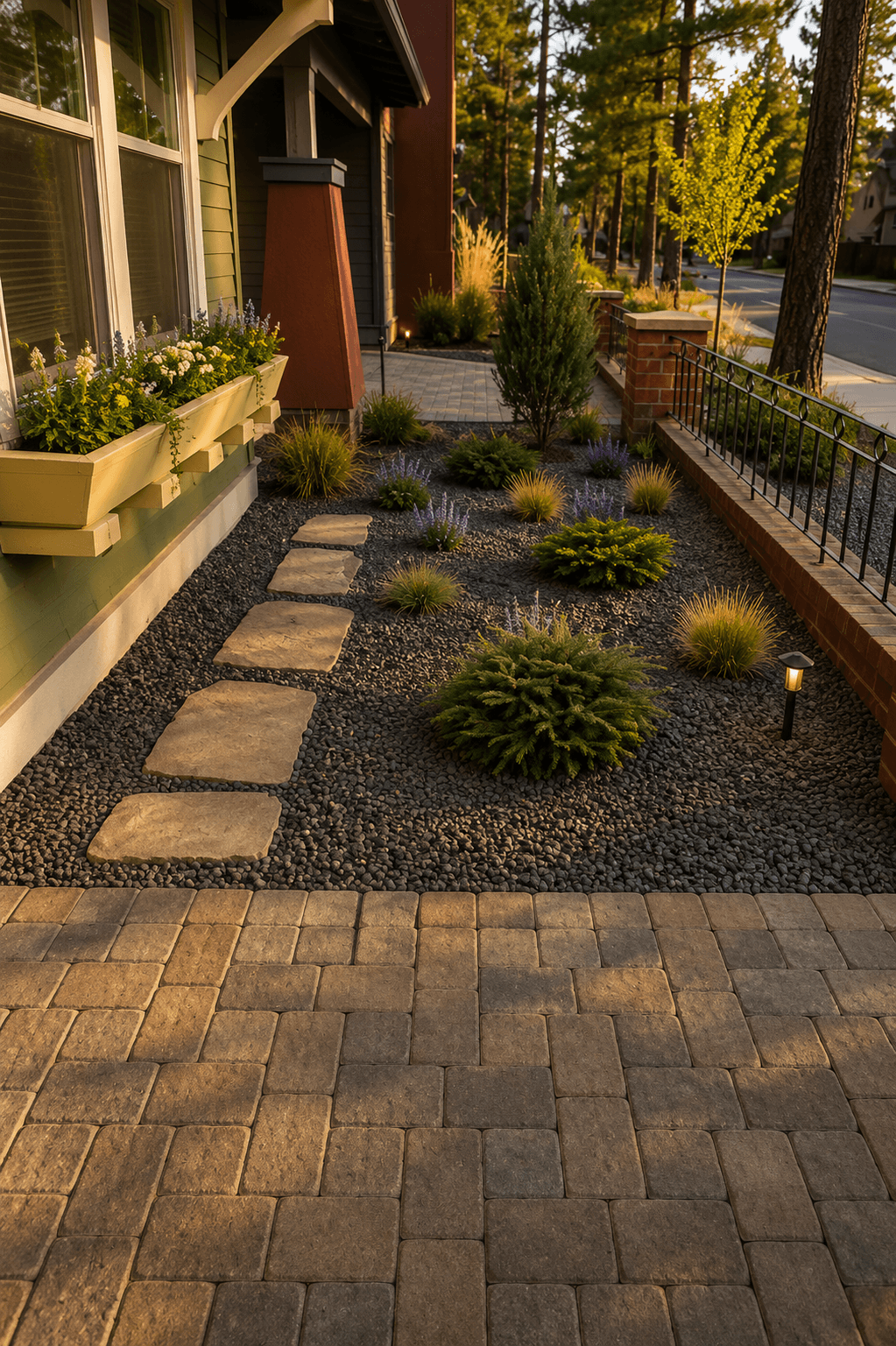 Landscaped front yard with stepping stones on dark gravel, shrubs, and warm golden hour sunlight.