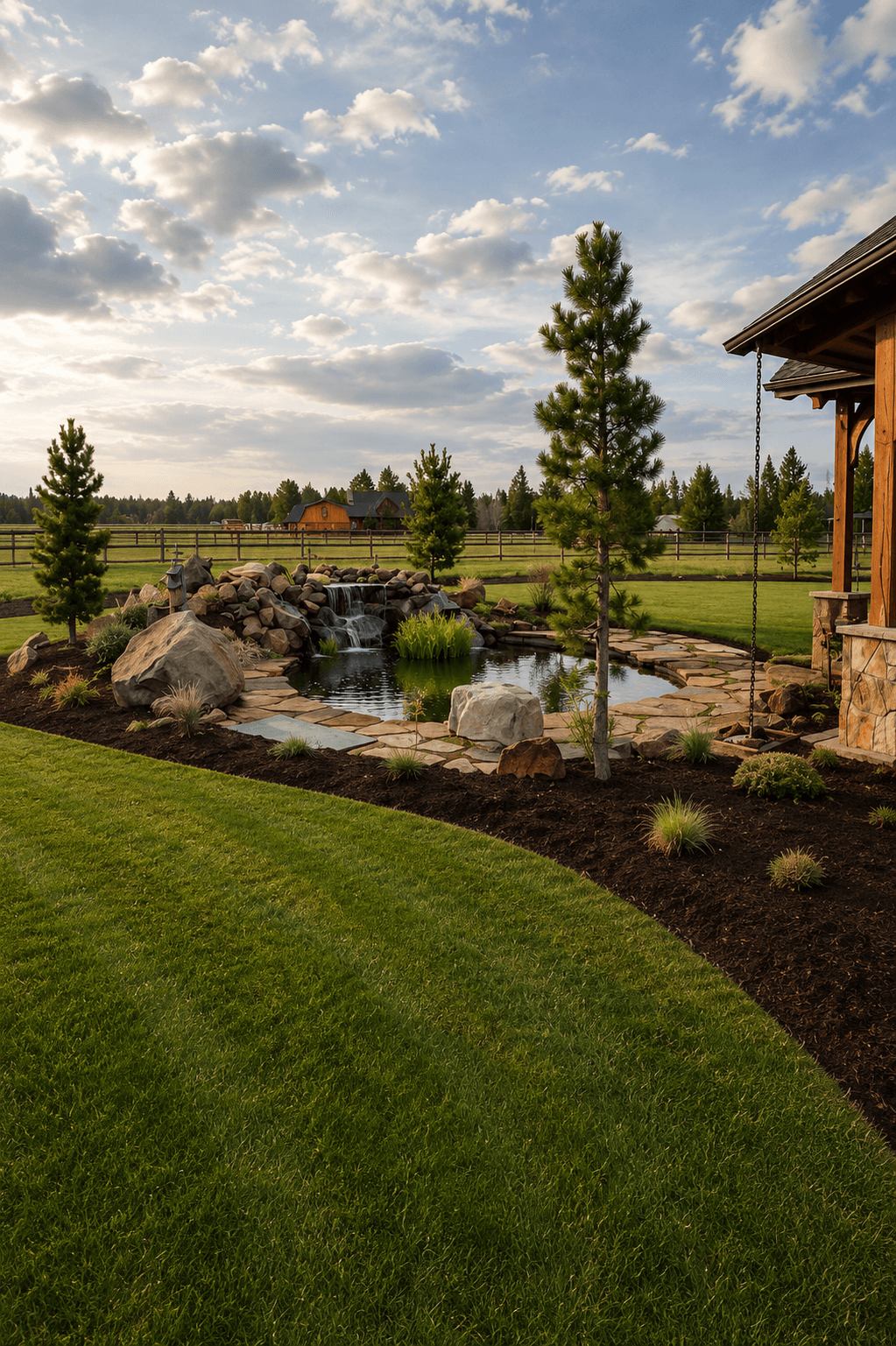 Landscaped backyard with a rock waterfall pond, green lawn, and distant barn under cloudy skies.
