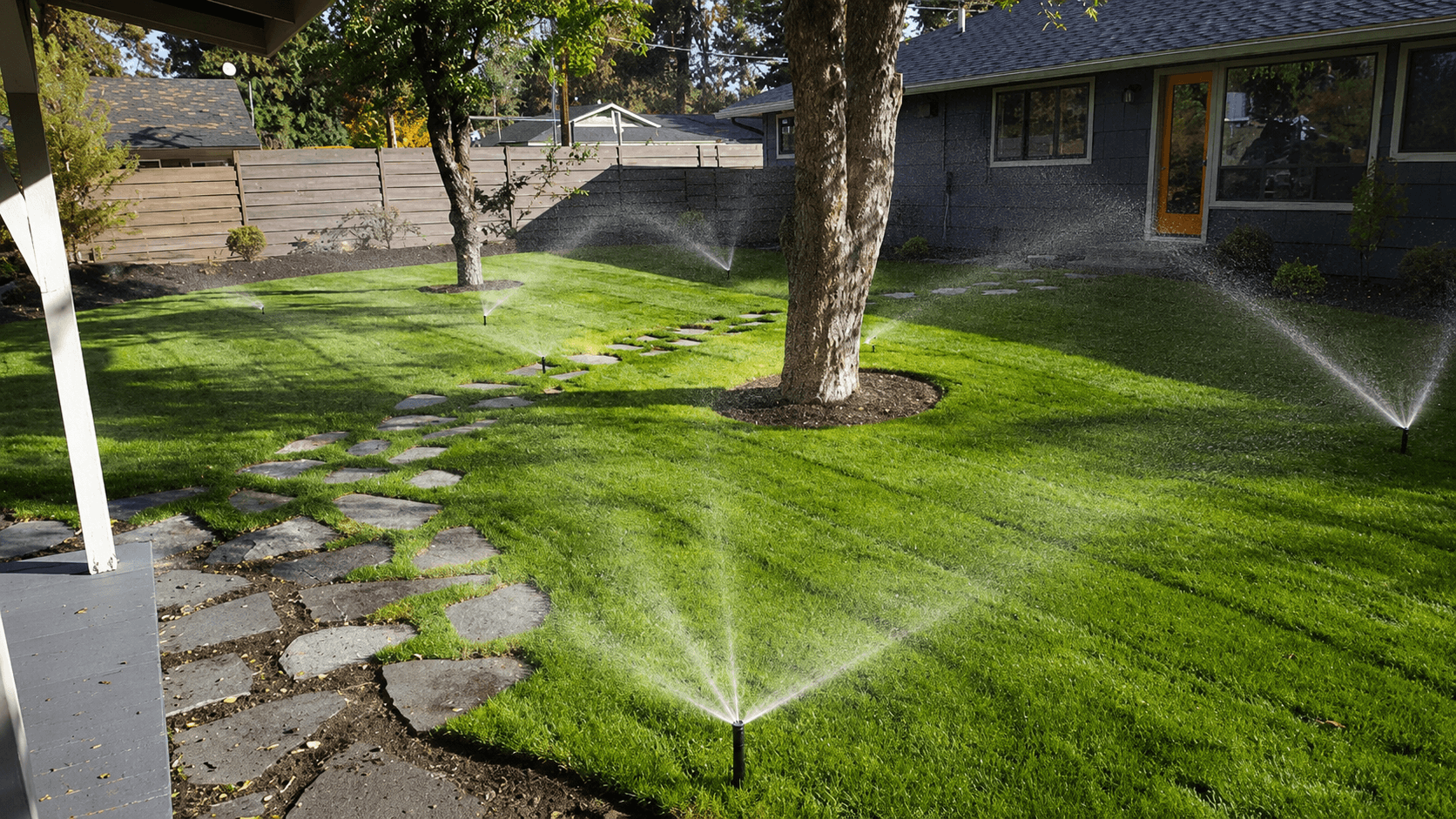 Sprinklers watering a lush green lawn with a stone path in a sunny backyard.